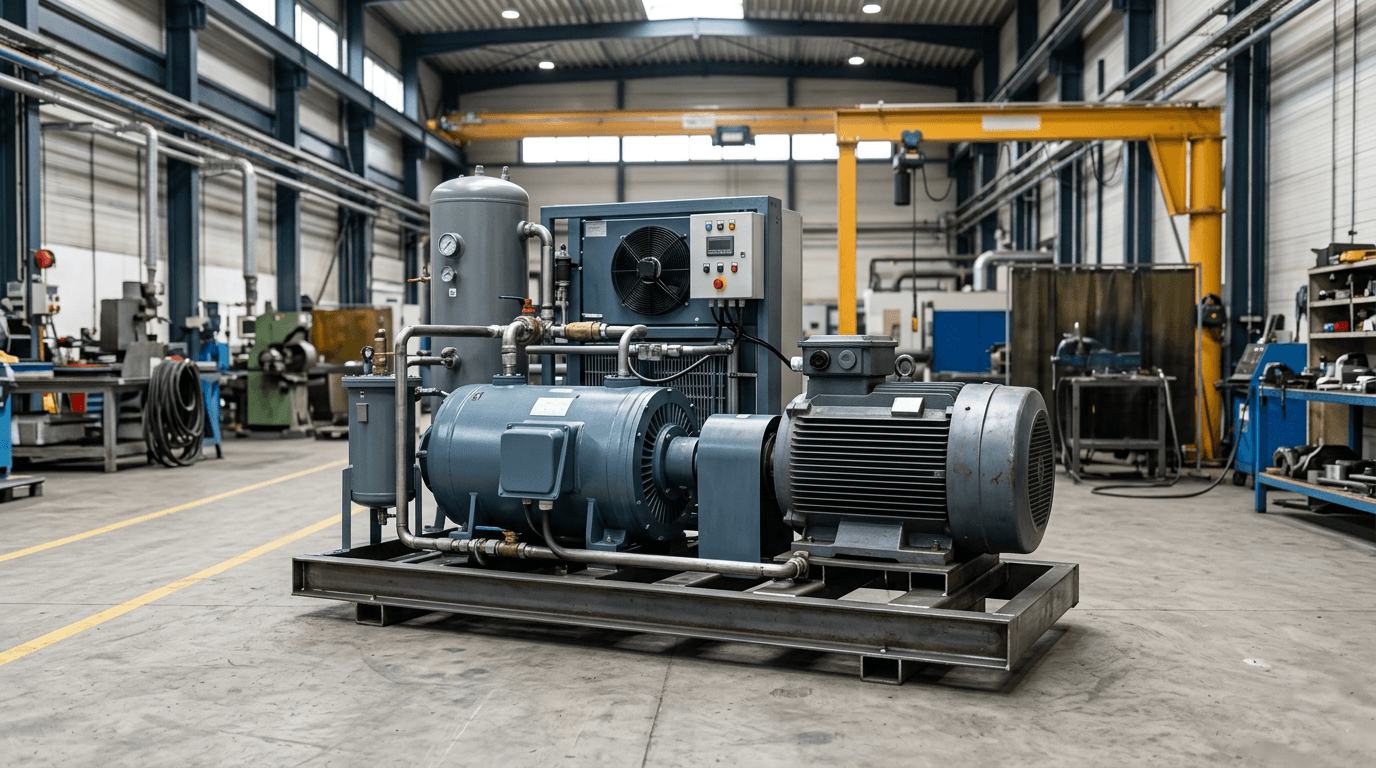 Industrial compressor package with electric motor in a workshop setting