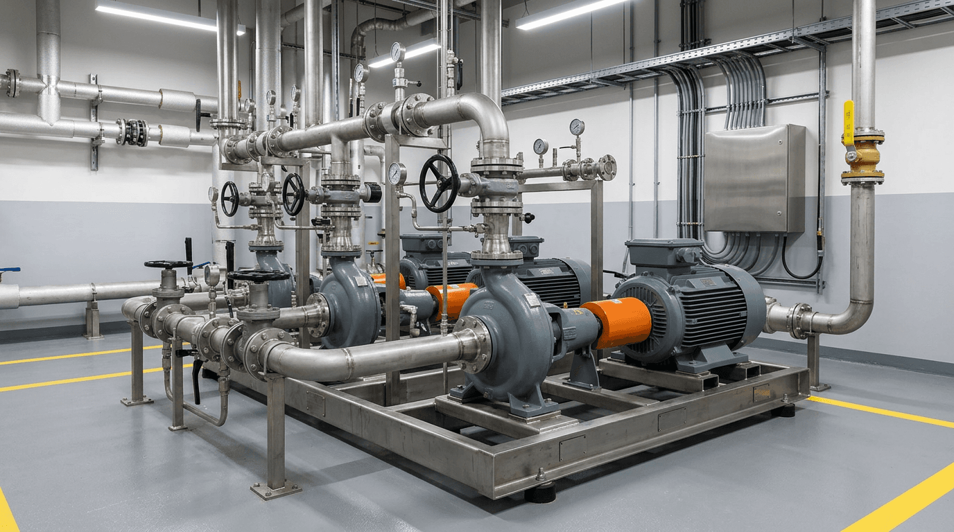 Industrial process pumps and motors on a skid in a plant environment